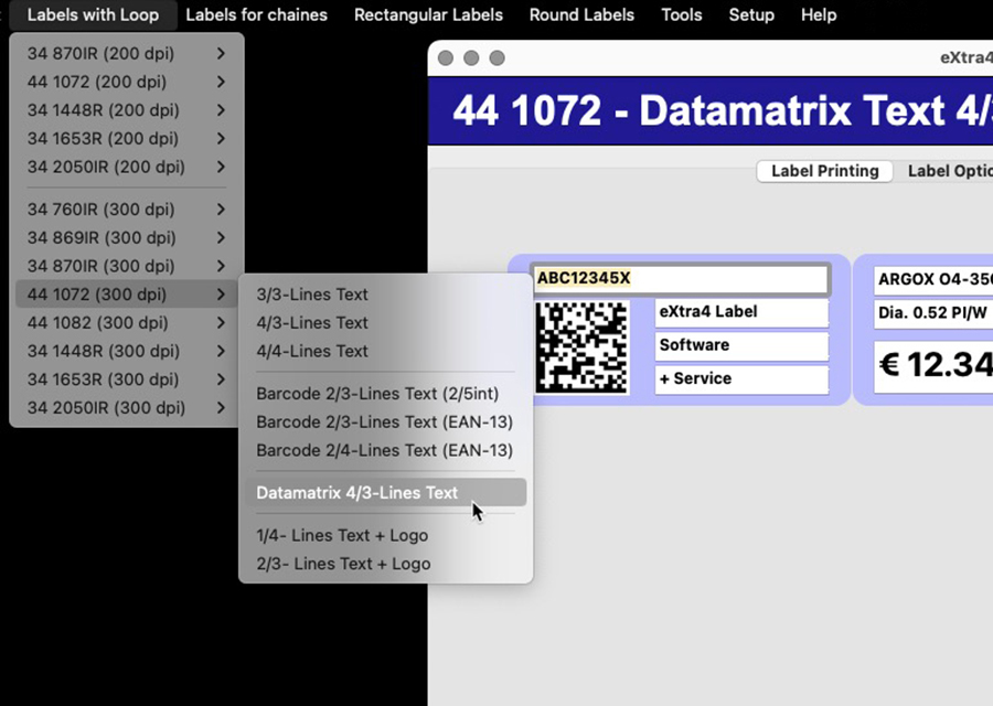 Fenster etikettendruck-software extra4-labelM1 Barcode-Auswahl 
